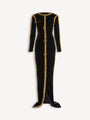 Long velvet dress with embroidered trim