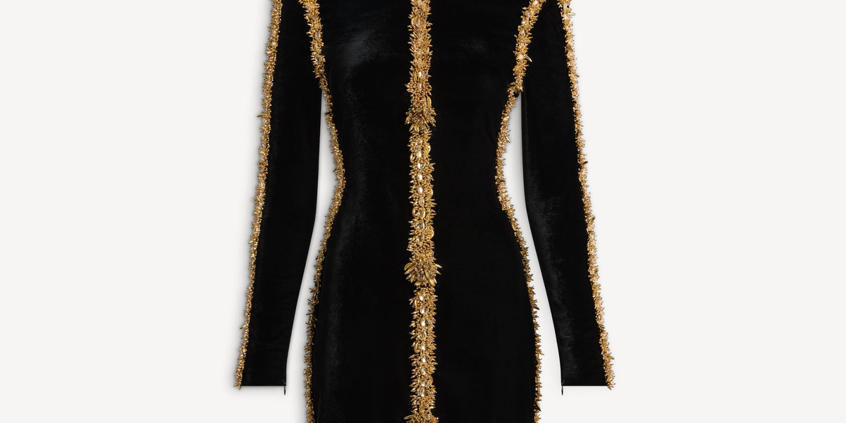balmain dress black Velvet with embroidered trim Style:Long Sleeve Mini length fitted crepe bridal dress Plus Black Long Sleeve