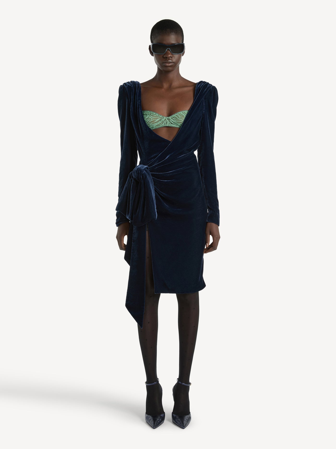 Velvet dress with lace bra and tie detail