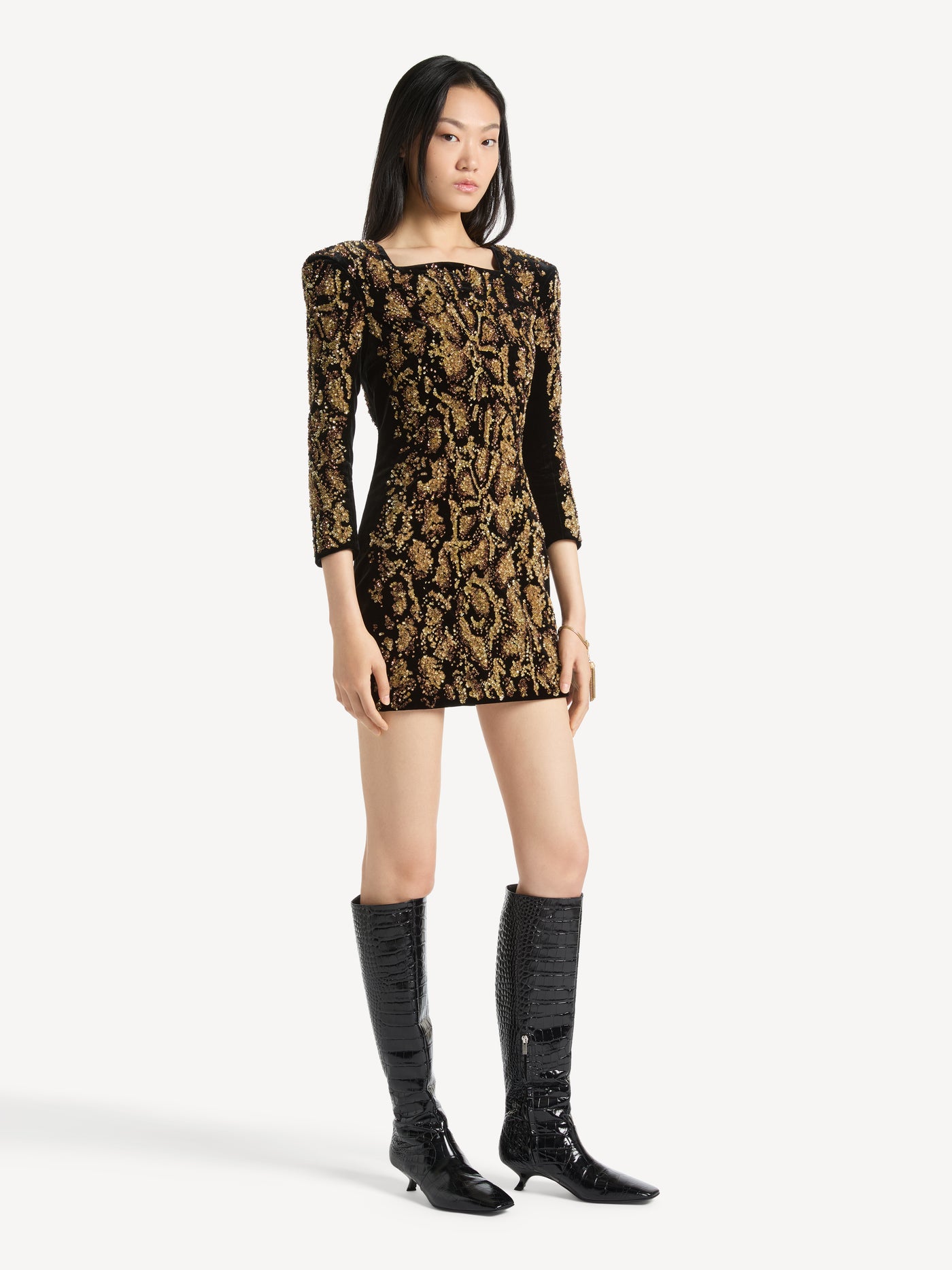 Dress in python-effect embroidered velvet