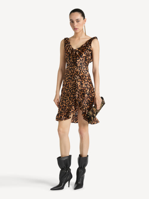 Ruffled dress in printed silk satin
