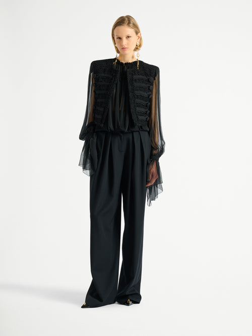 Edge-to-edge tweed and chiffon jacket