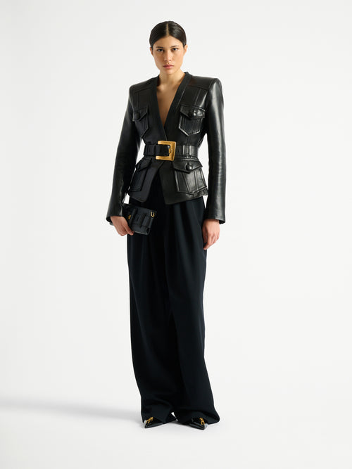 1-button belted leather jacket