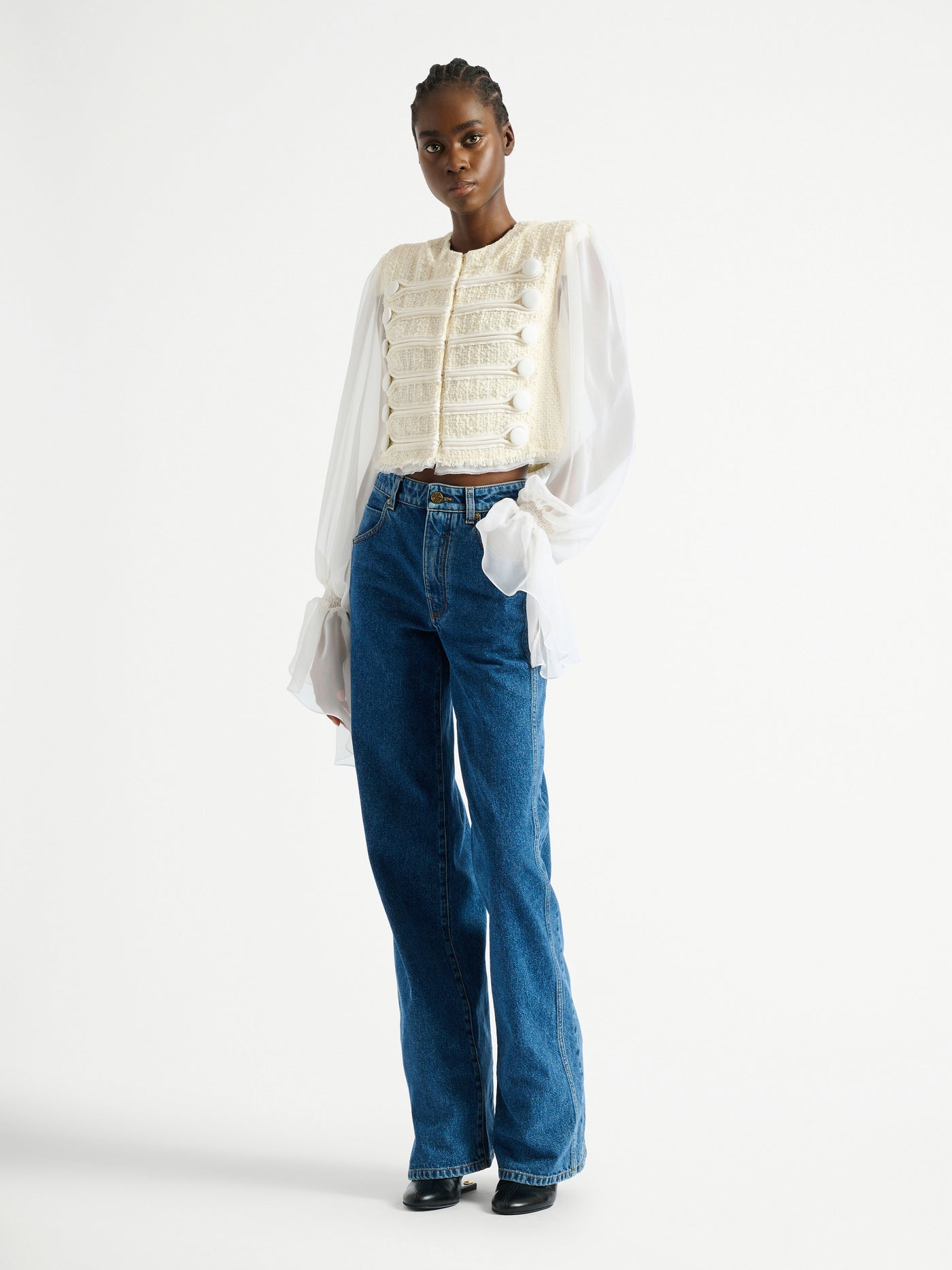 Cropped tweed and muslin jacket with frogging