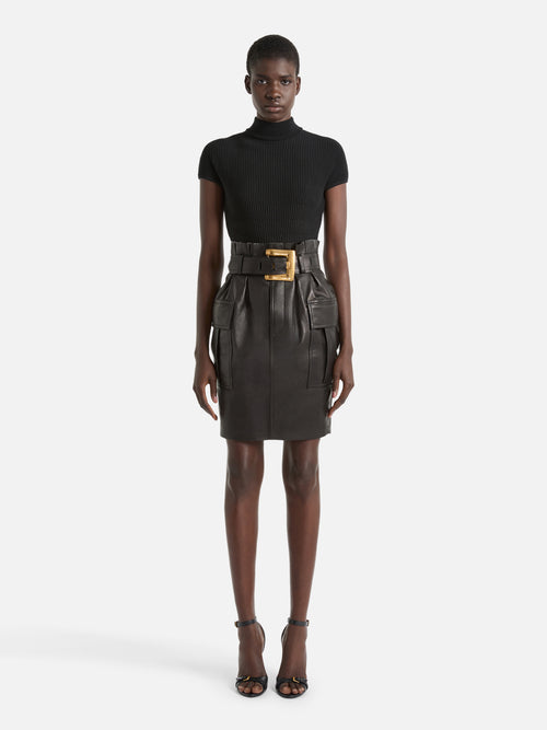 Belted lambskin skirt