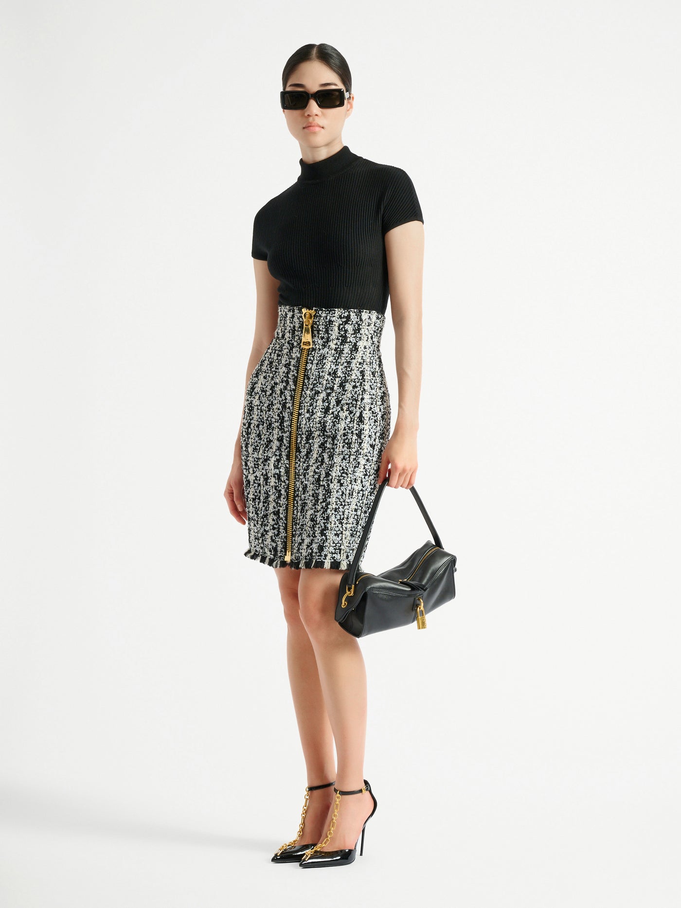 Zipped two-tone tweed skirt