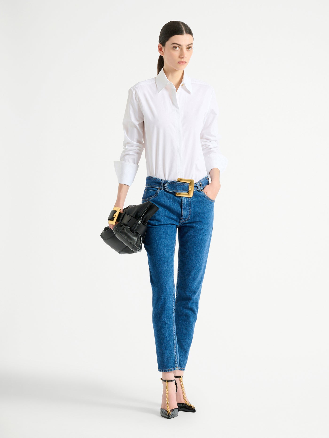 Belted denim jeans