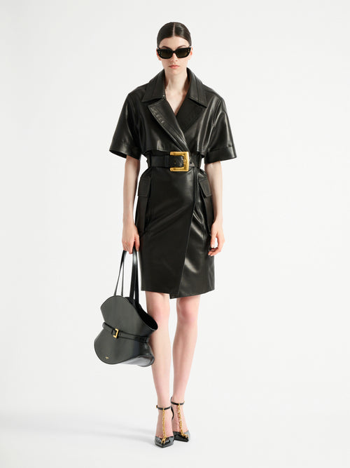 Belted lambskin leather dress