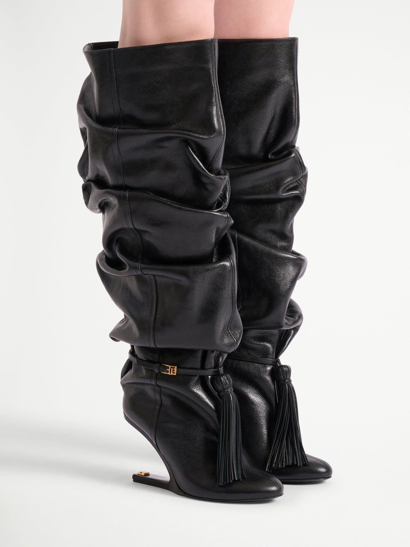 No Wedge textured leather thigh-high boots with tassel