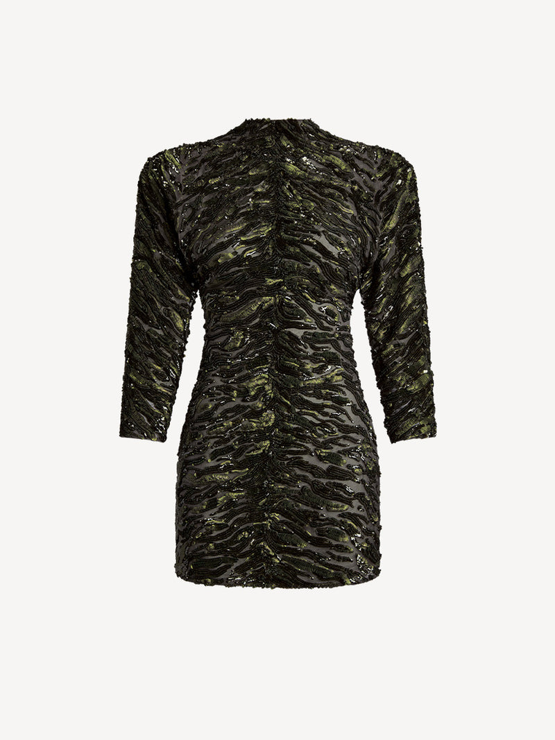 HIGH NECK TIGER EMBROIDERED BODYCON SHORT DRESS