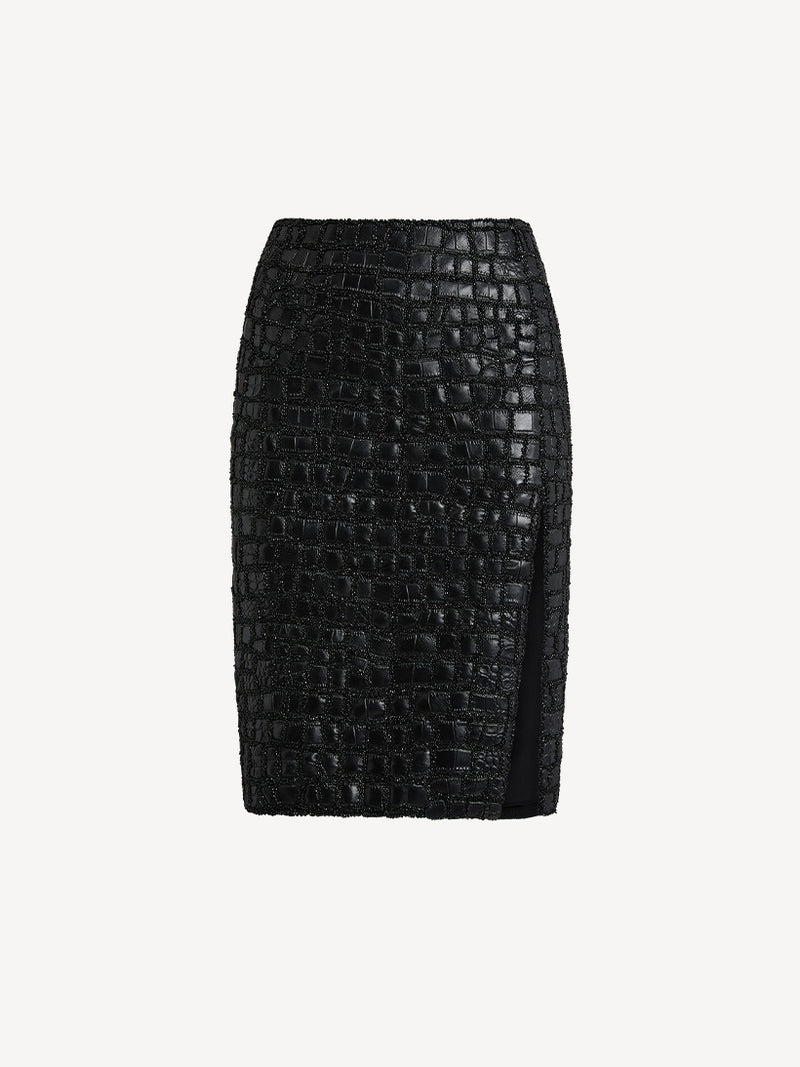 CROCO EMBROIDERED SLIT KNEE-LENGHT SKIRT