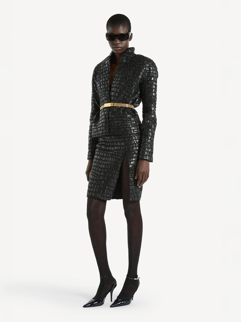 CROCO EMBROIDERED SLIT KNEE-LENGHT SKIRT