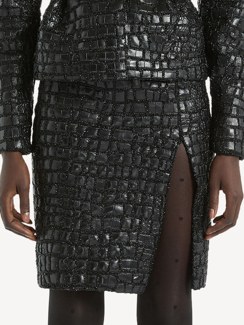CROCO EMBROIDERED SLIT KNEE-LENGHT SKIRT