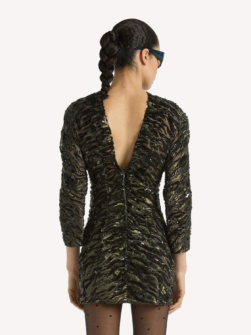 HIGH NECK TIGER EMBROIDERED BODYCON SHORT DRESS
