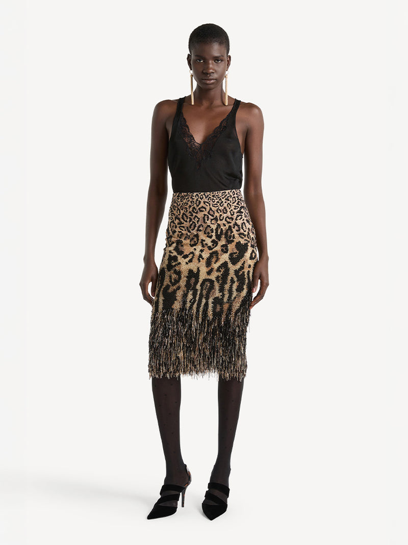LEOPARD DÉGRADÉ EMBROIDERED STRAIGHT MIDI SKIRT
