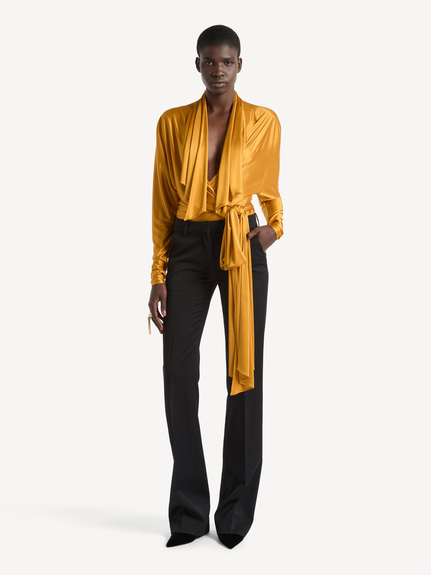 Low-waisted wool satin trousers