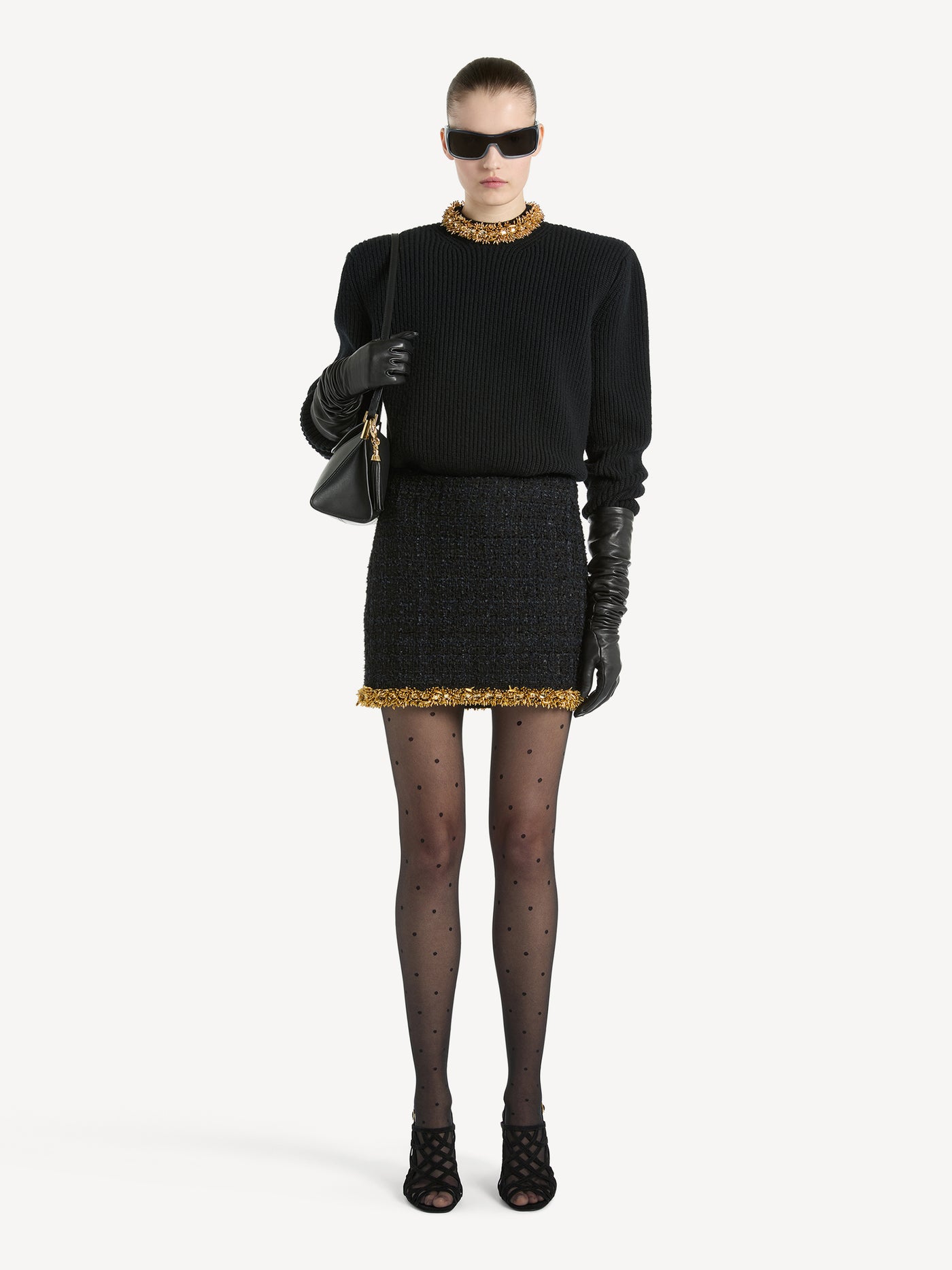 Short tweed skirt with embroidered trim