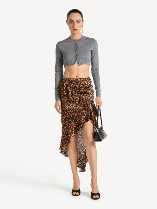 Ruffled skirt in printed silk satin