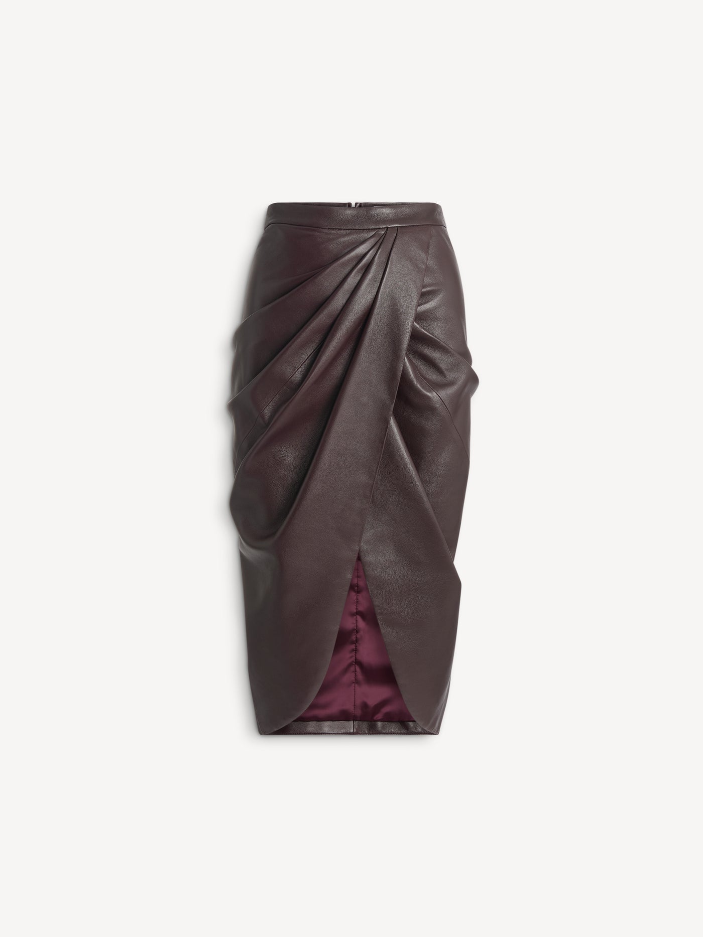 Jupe mi-longue drapée en cuir d'agneau lisse