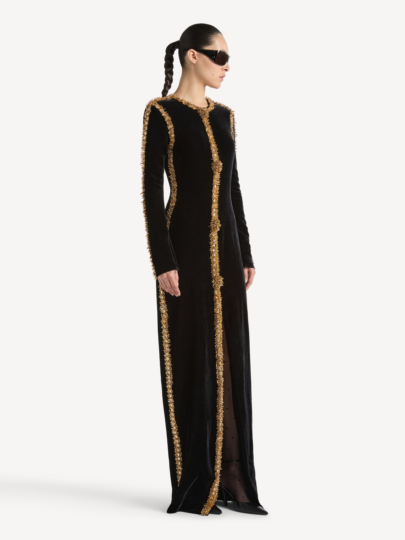 Long velvet dress with embroidered trim
