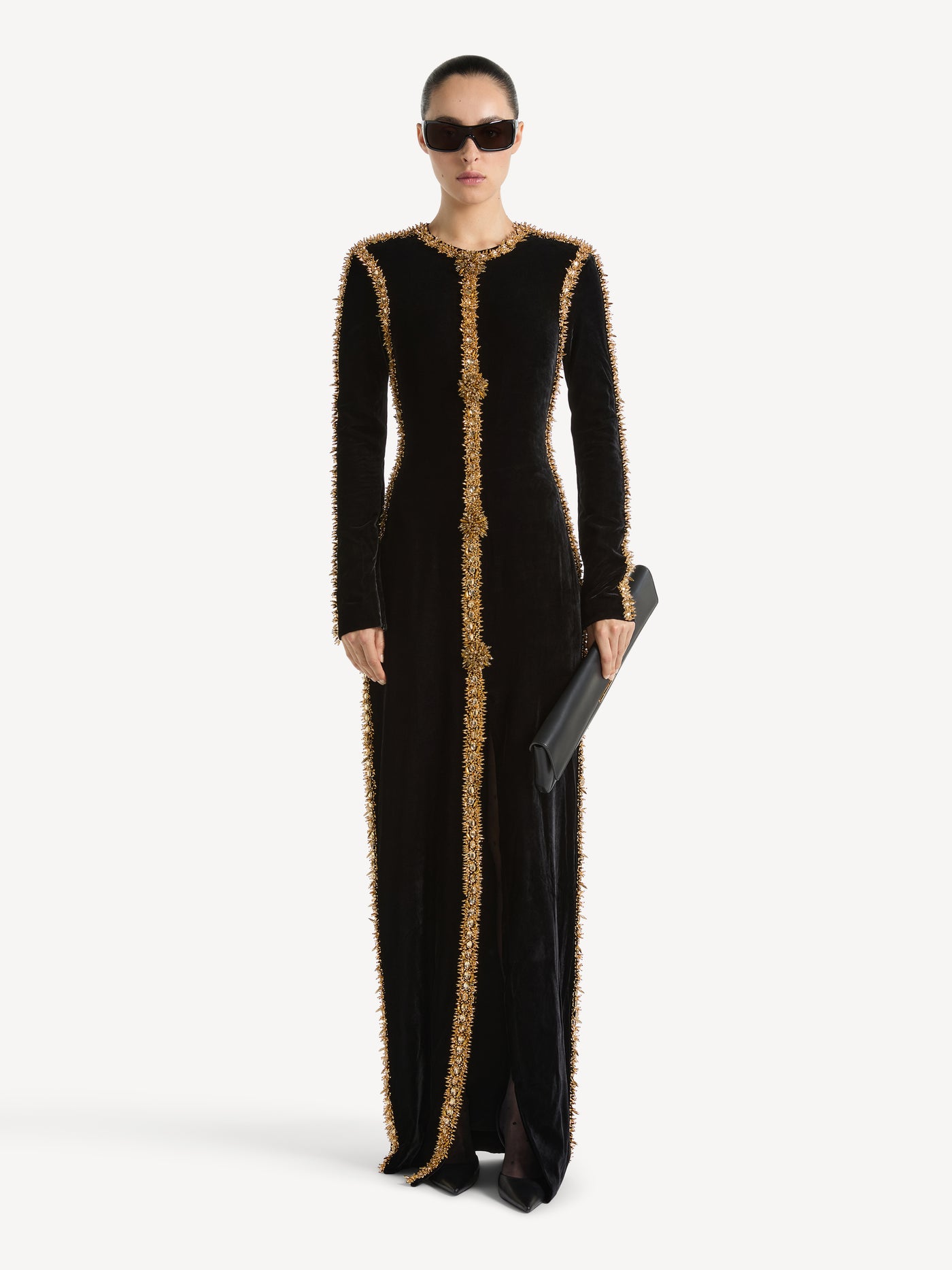 Long velvet dress with embroidered trim