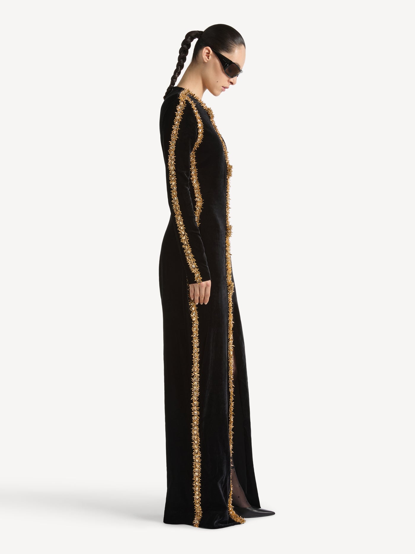Long velvet dress with embroidered trim