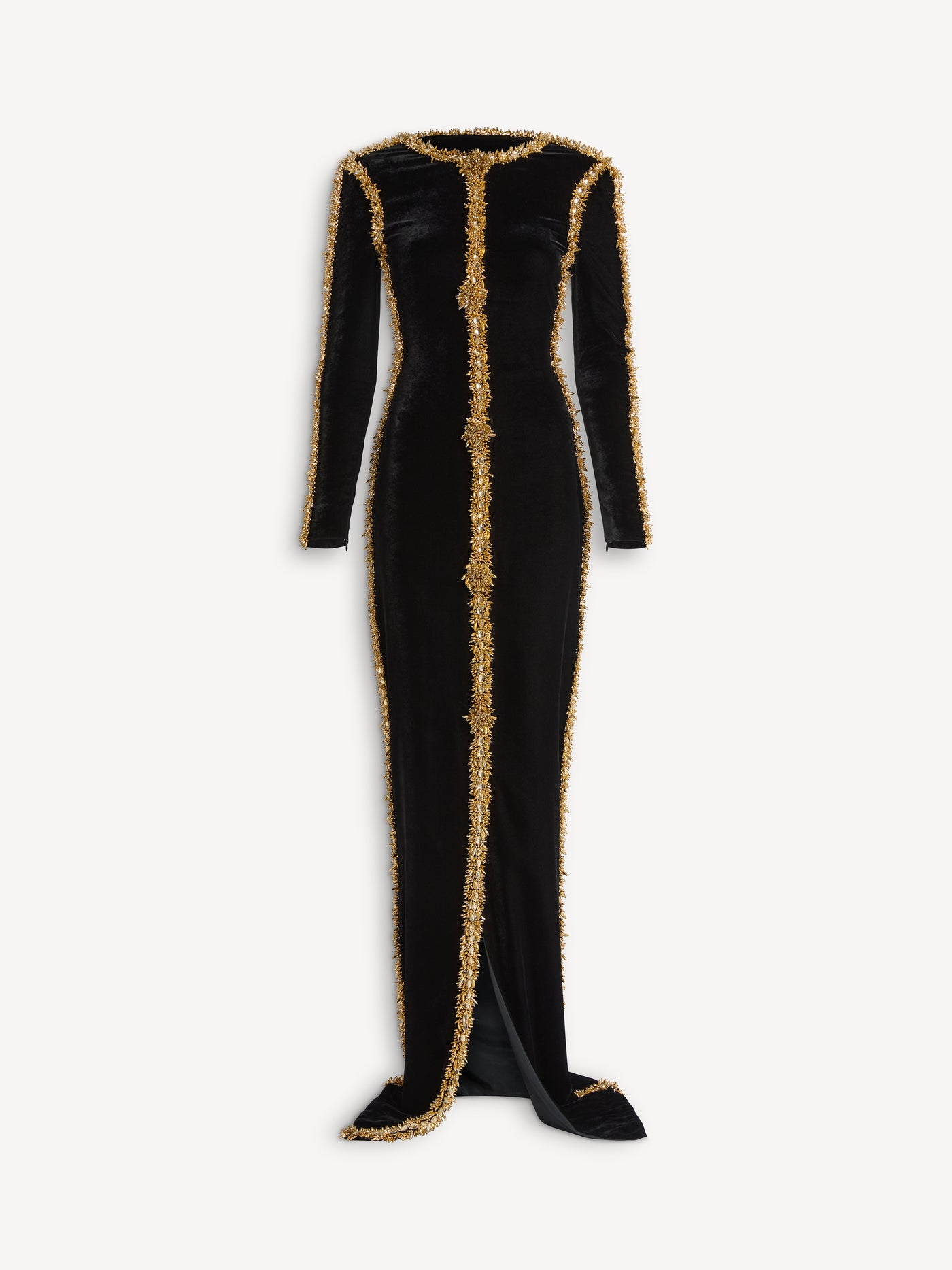 Long velvet dress with embroidered trim