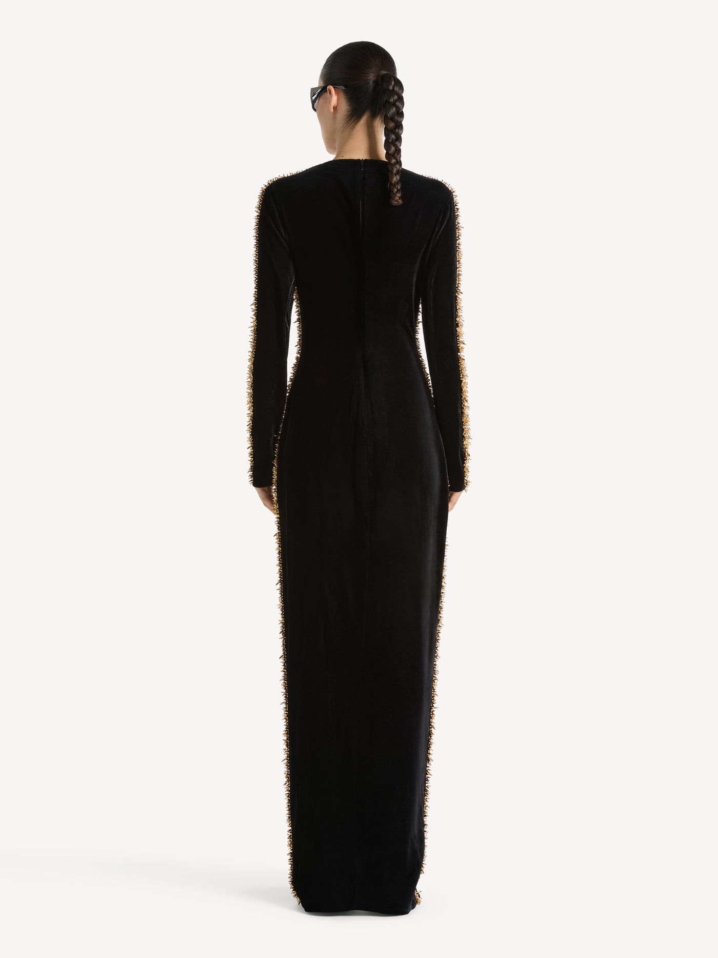 Long velvet dress with embroidered trim