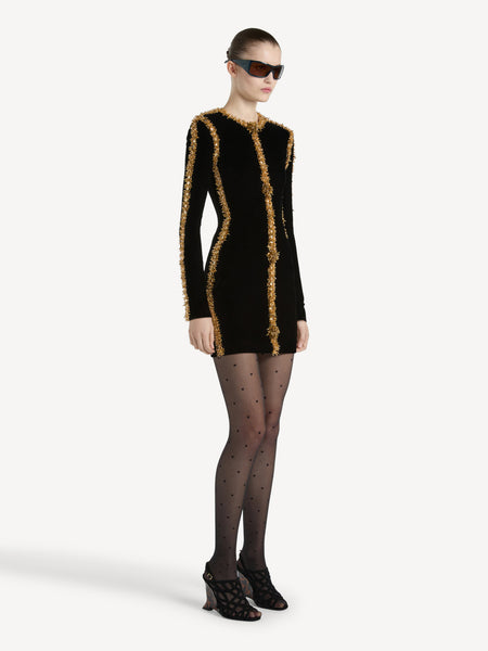 long sleeve black and gold dress Velvet with embroidered trim prom dress embroidered flowers Tempt Me Women Black ethereal floating effect over Bottom Size:38x32