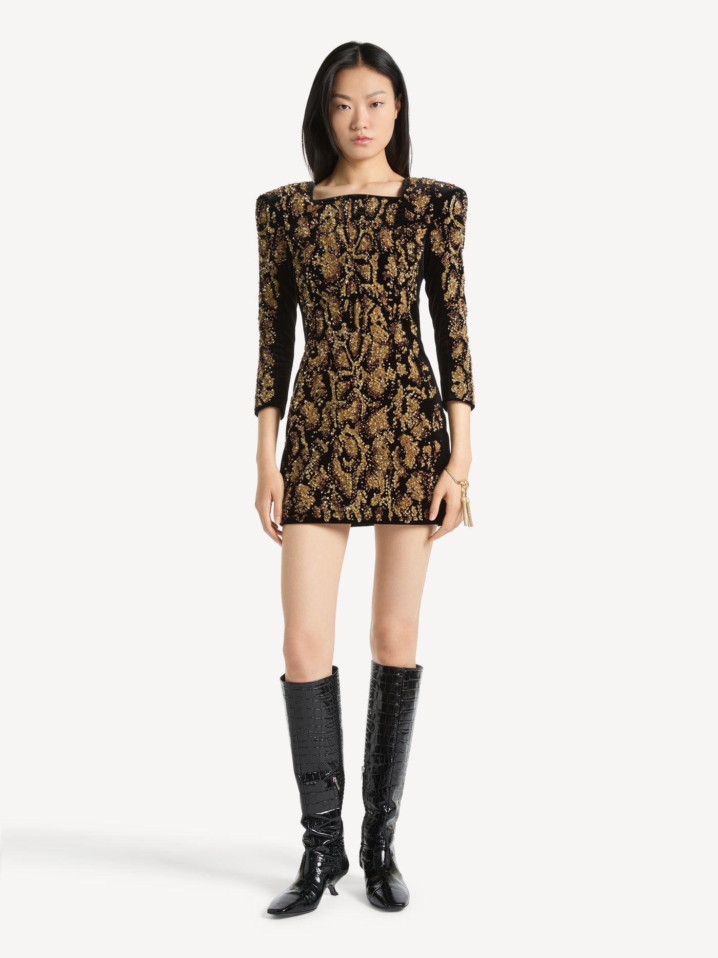 Dress in python-effect embroidered velvet