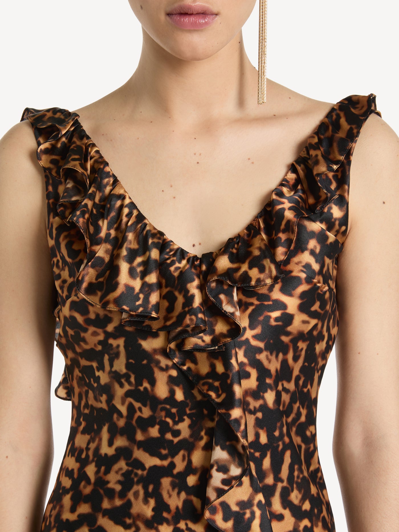 Ruffled dress in printed silk satin