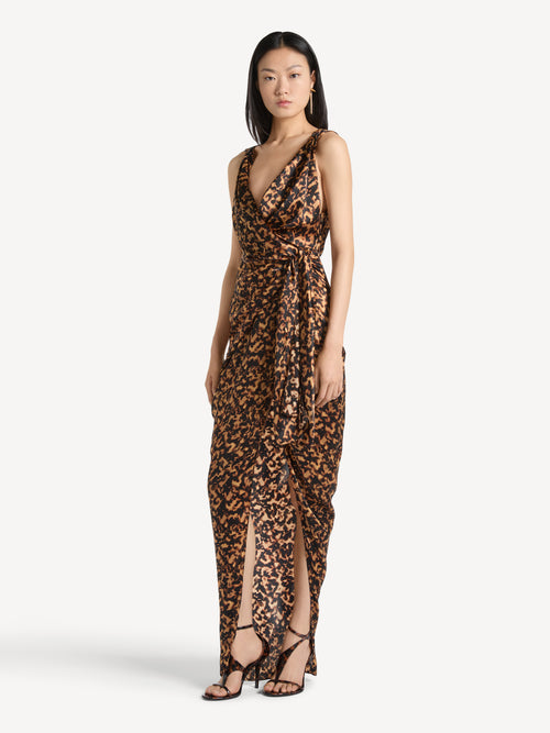 Draped silk satin dress with print