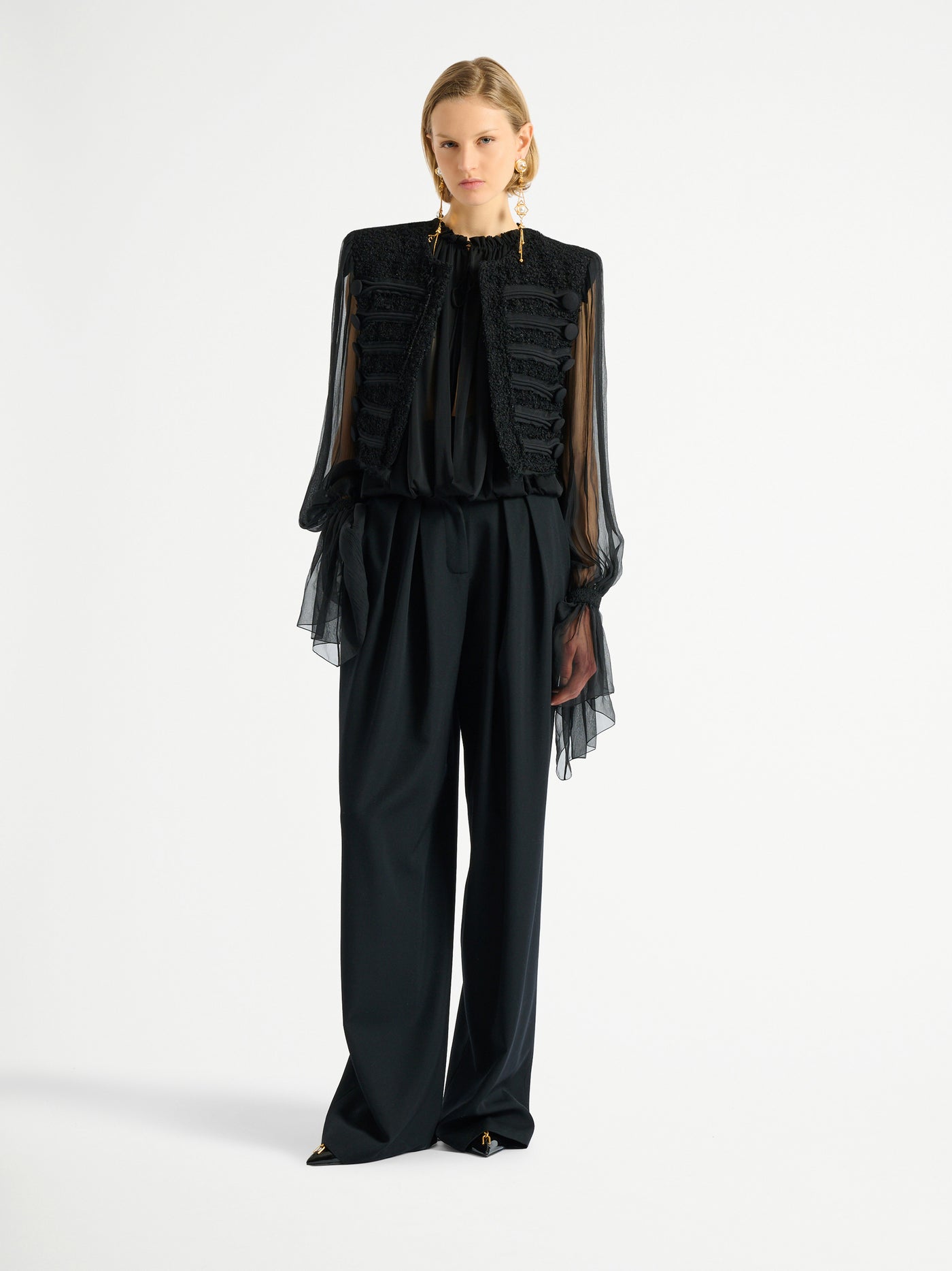 Edge-to-edge tweed and chiffon jacket