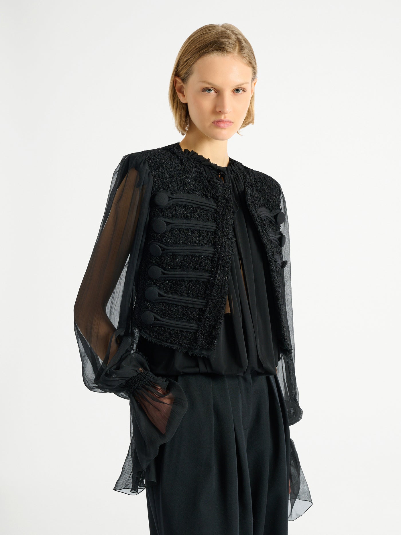 Edge-to-edge tweed and chiffon jacket