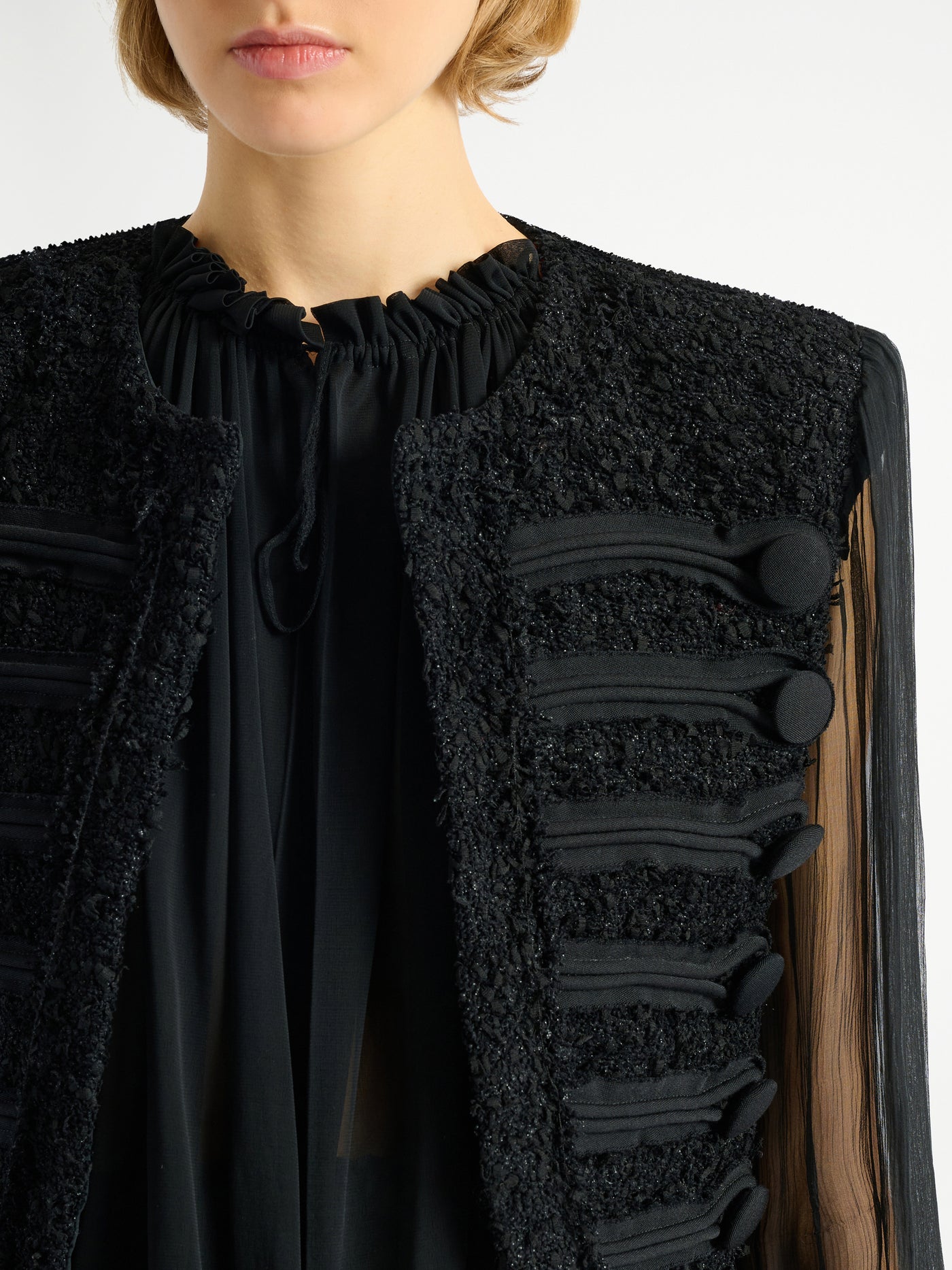 Edge-to-edge tweed and chiffon jacket