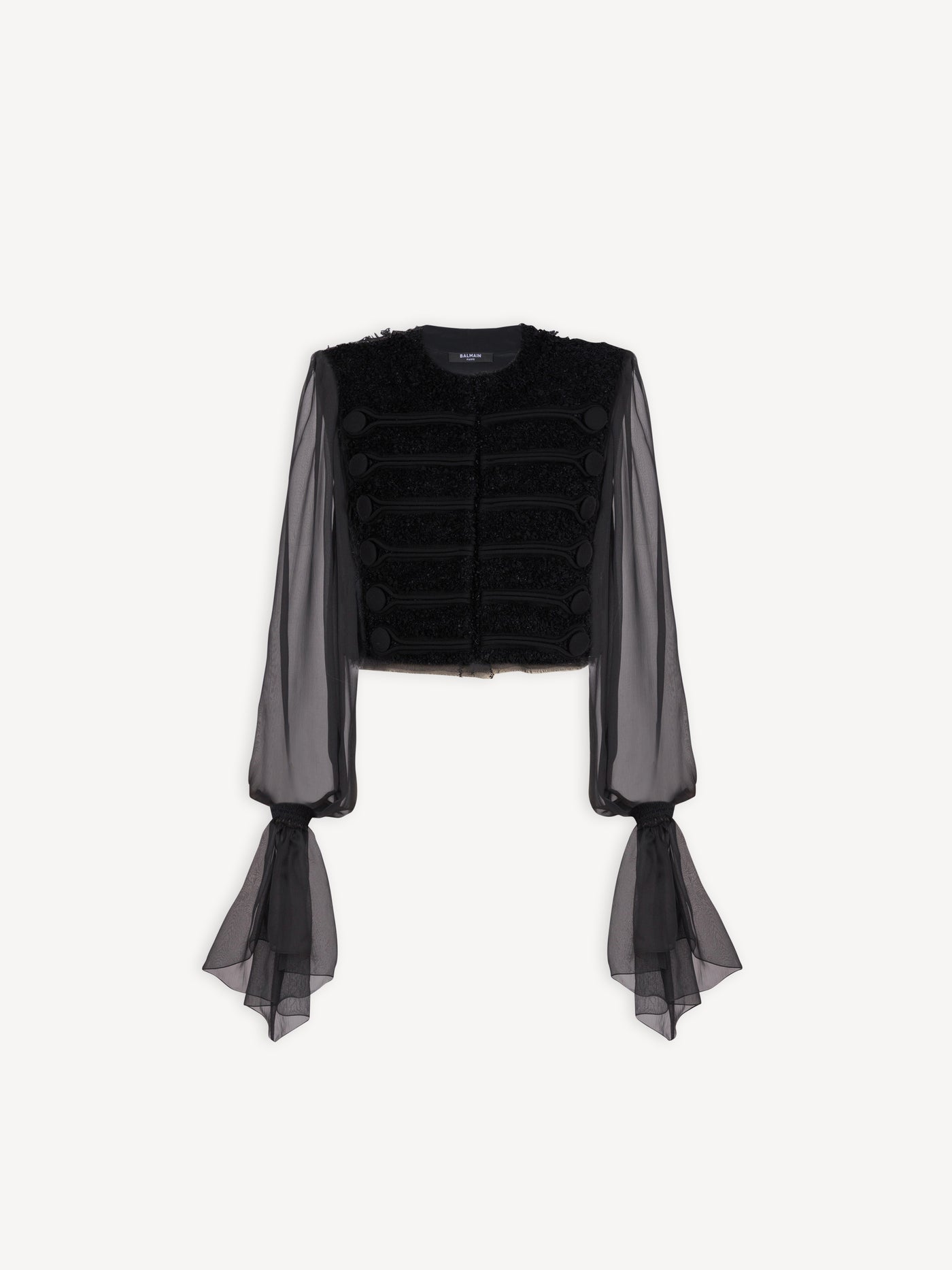 Edge-to-edge tweed and chiffon jacket