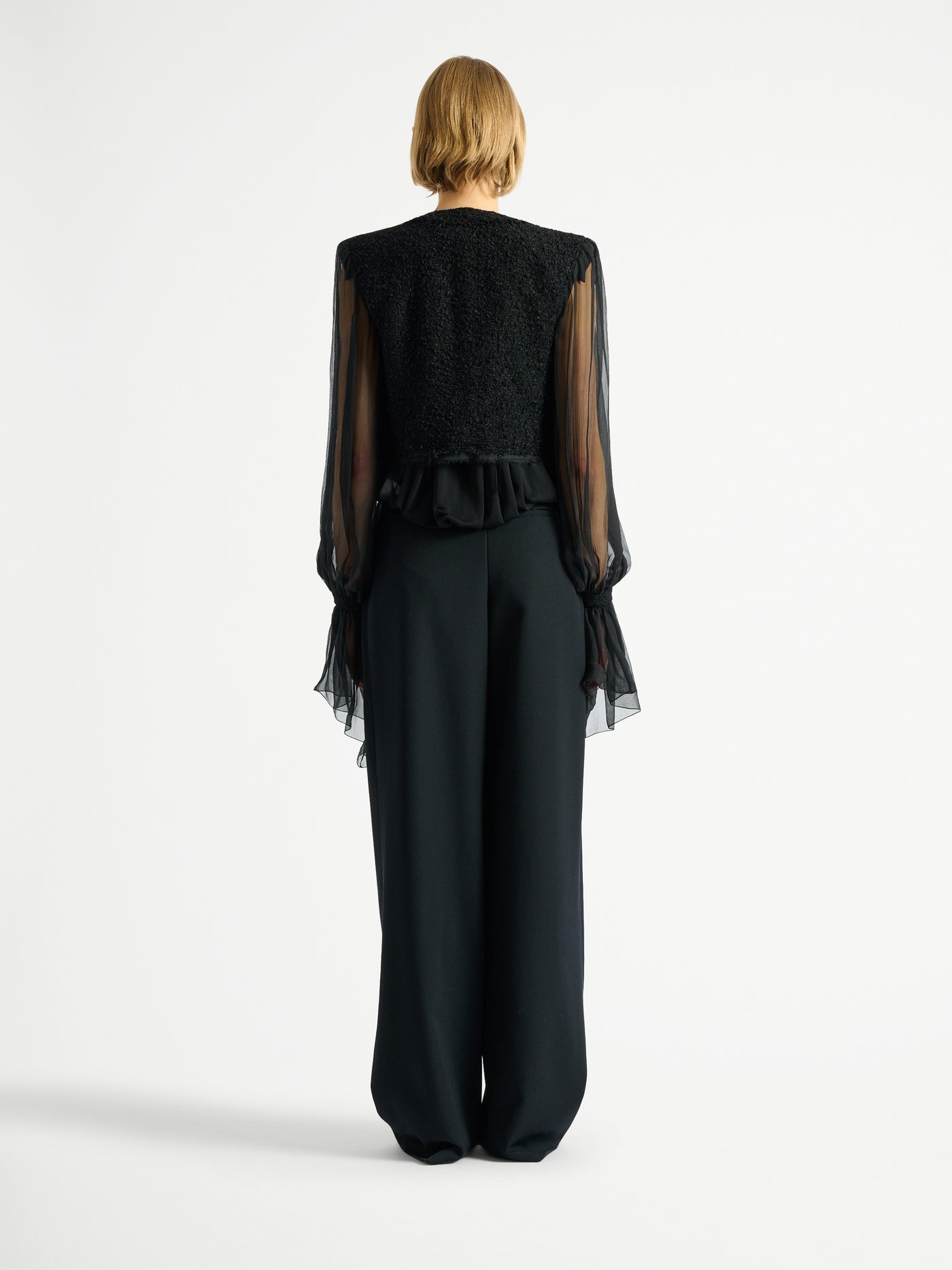 Edge-to-edge tweed and chiffon jacket