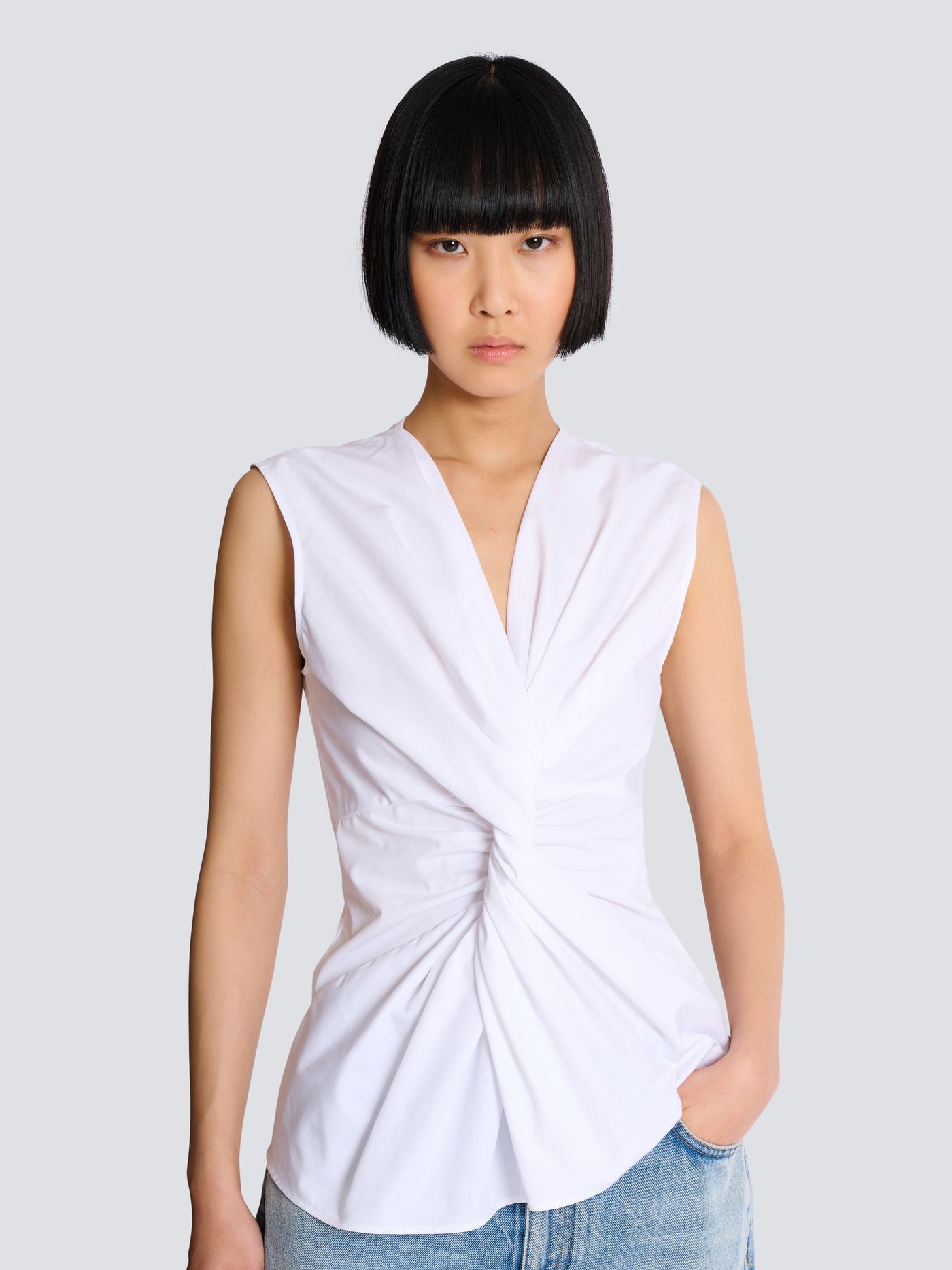 Draped sleeveless cotton poplin shirt