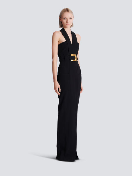 BALMAIN ブラック パーティードレス Long crepe dress with belt Black - Women I Balmain