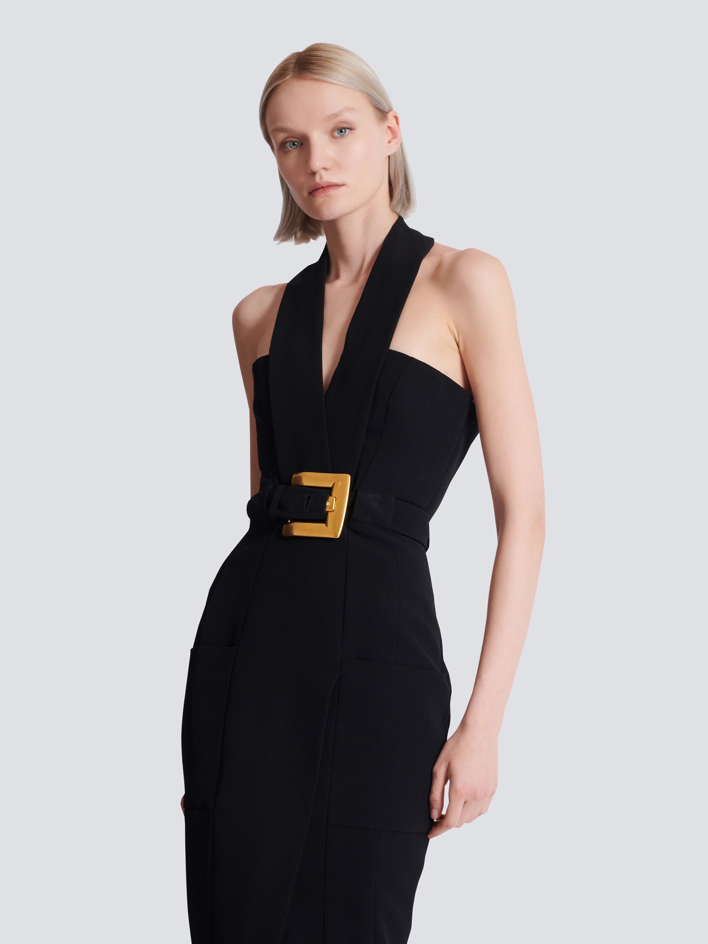 Long crepe dress with belt Black