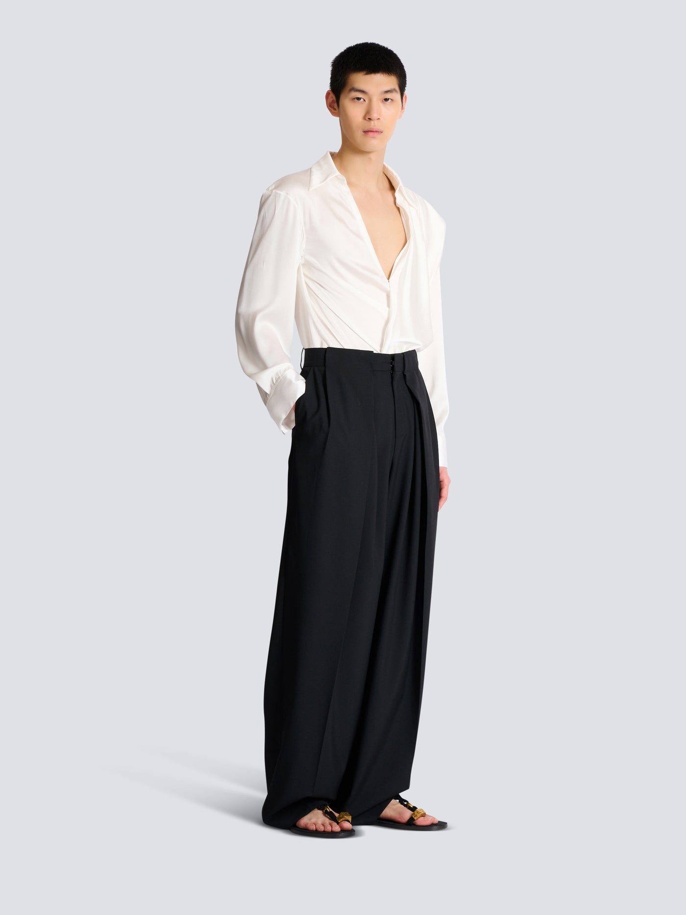 Wool twill trousers with wide knife pleats