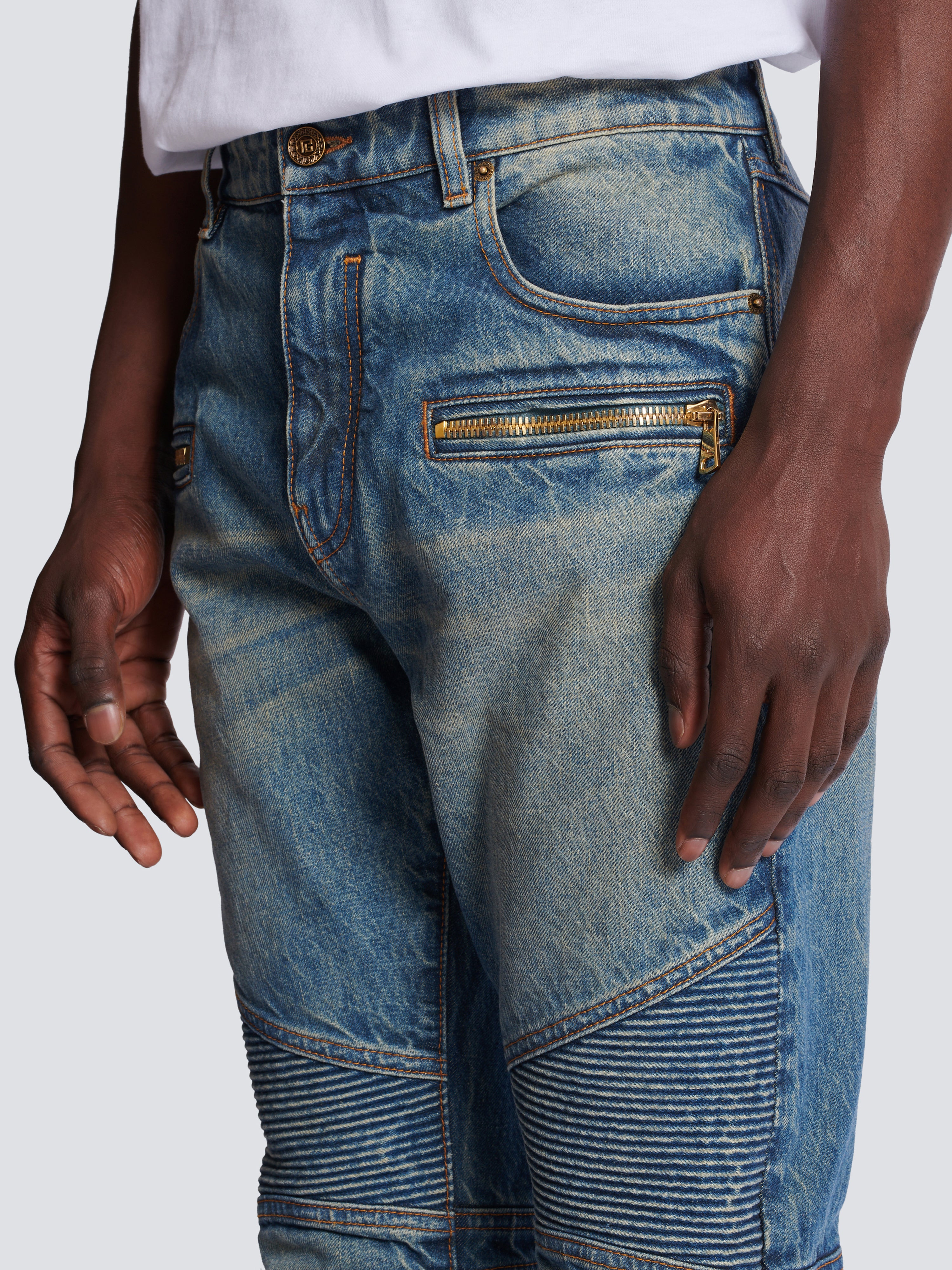 Biker jeans in vintage denim Blue - Men I Balmain • BALMAIN USA
