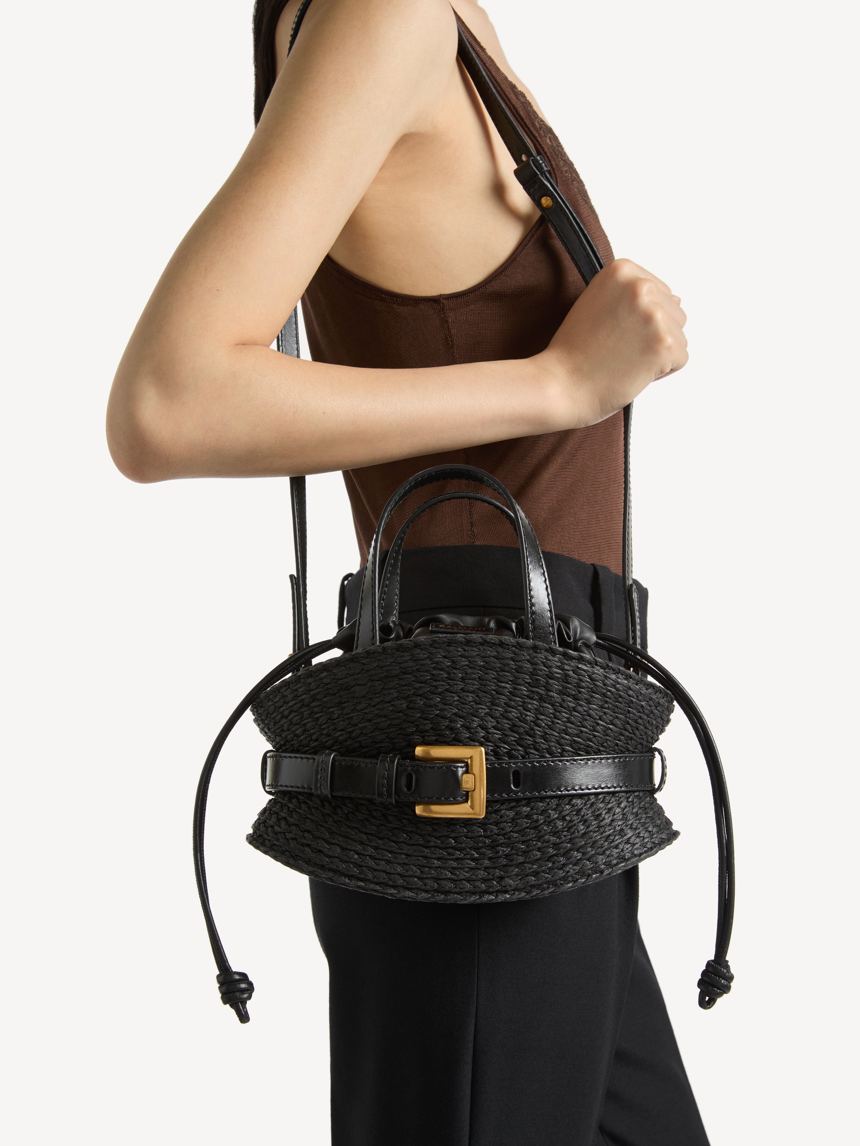 Shuffle Mini bag in calfskin and raffia Black - Women I Balmain