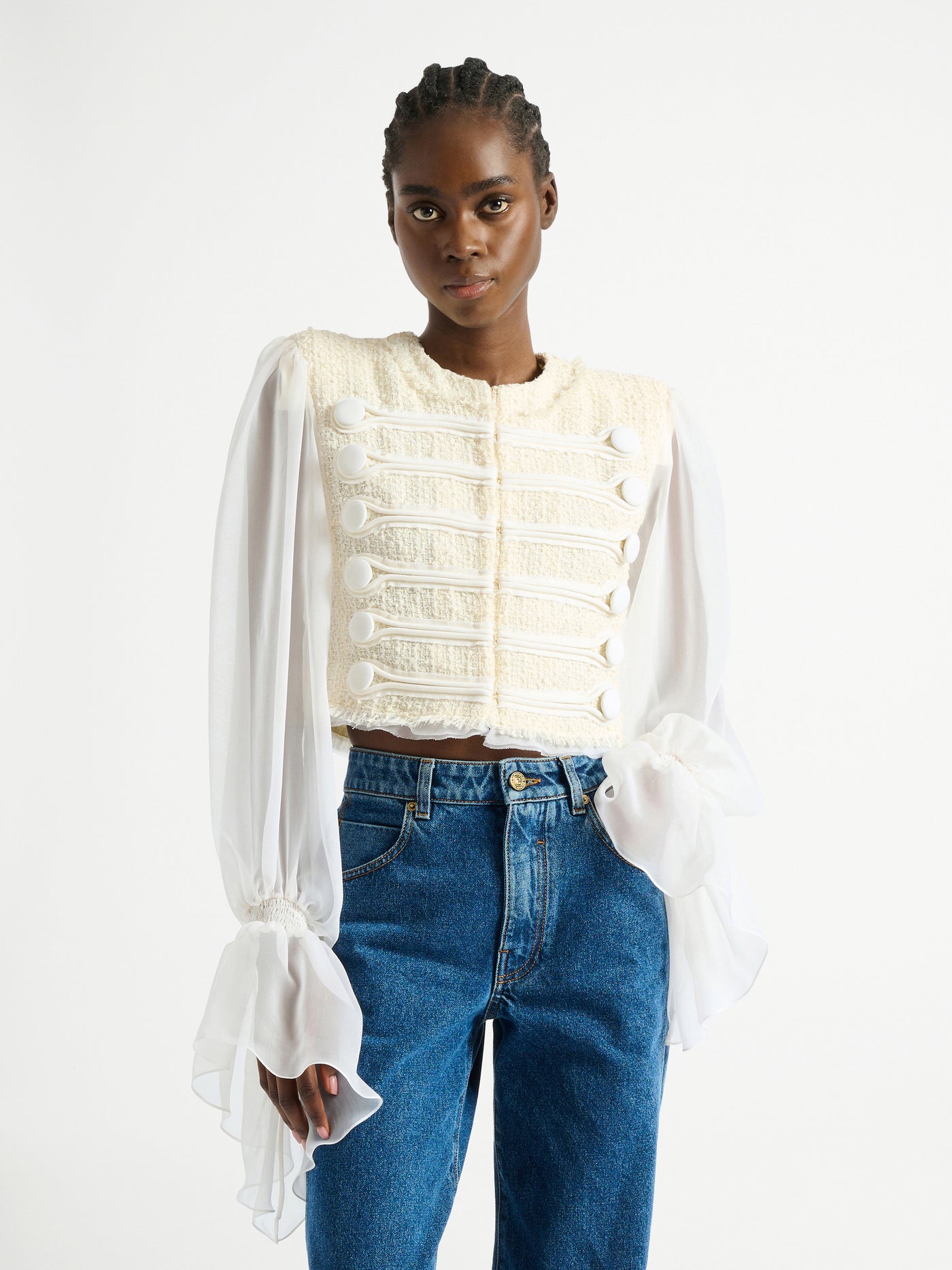 Cropped tweed and muslin jacket with frogging