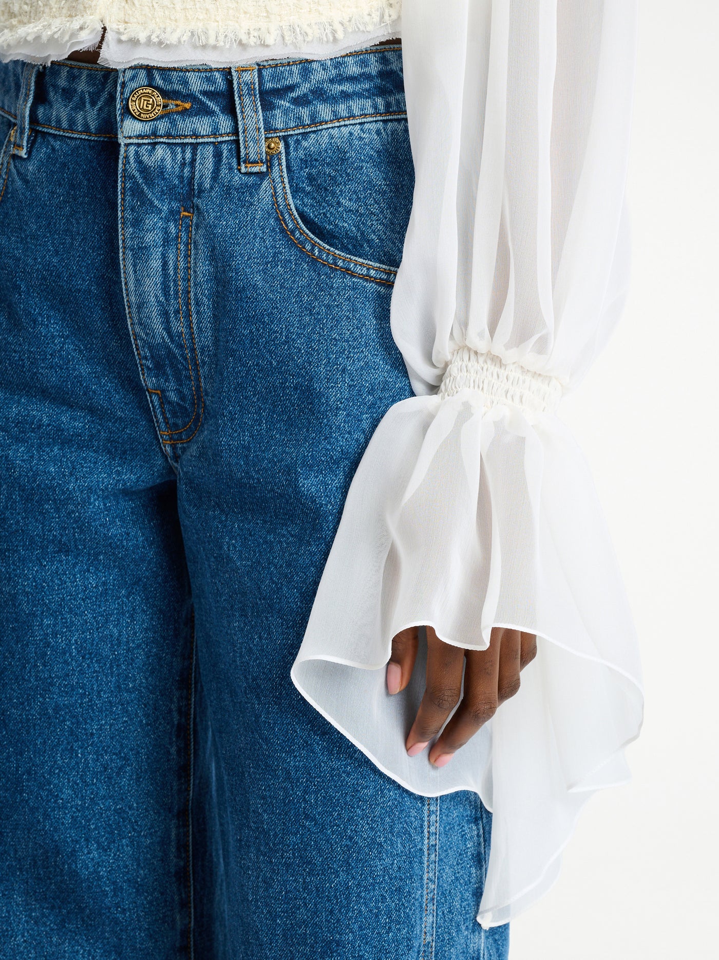 Cropped tweed and muslin jacket with frogging