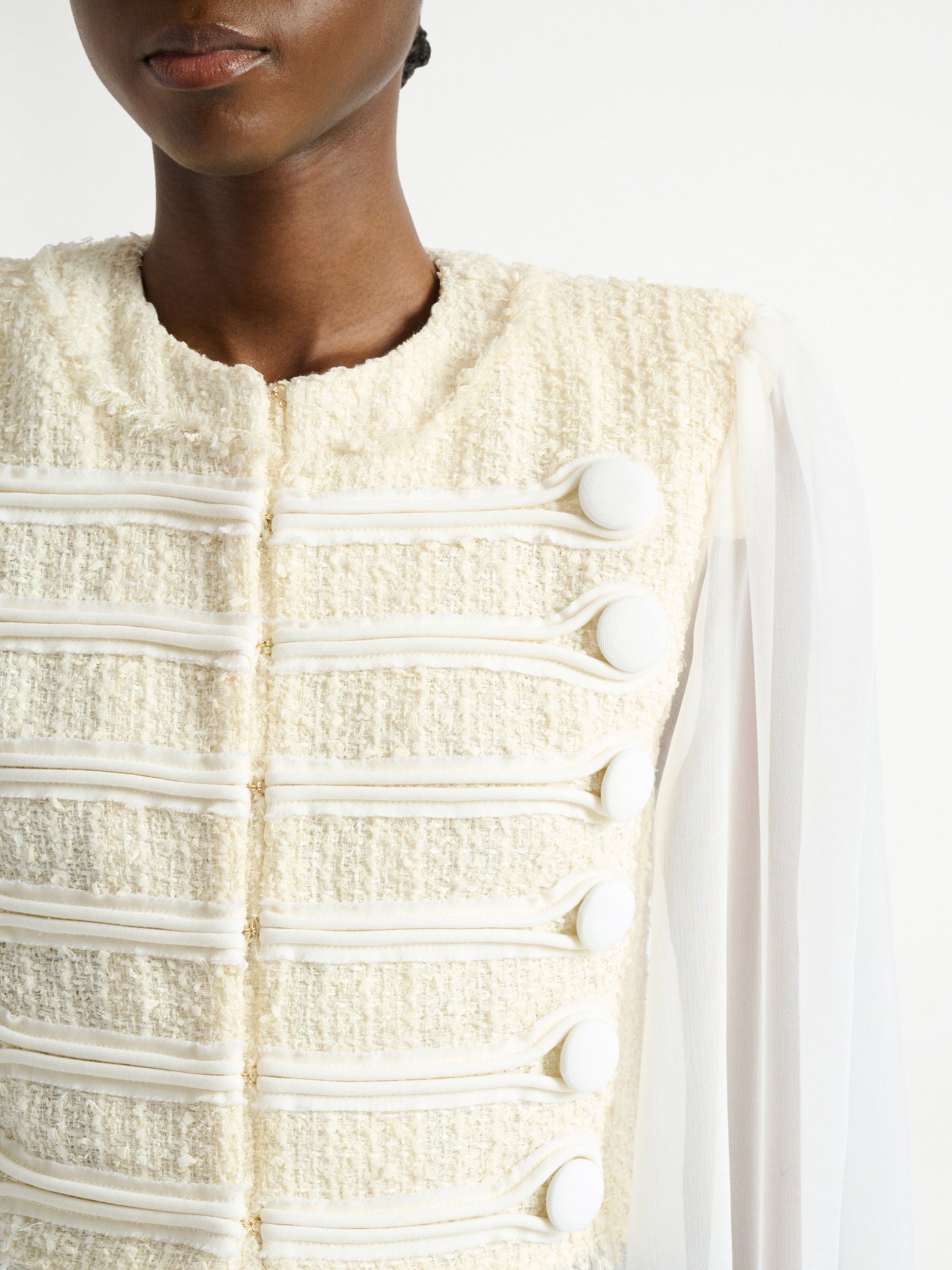 Cropped tweed and muslin jacket with frogging