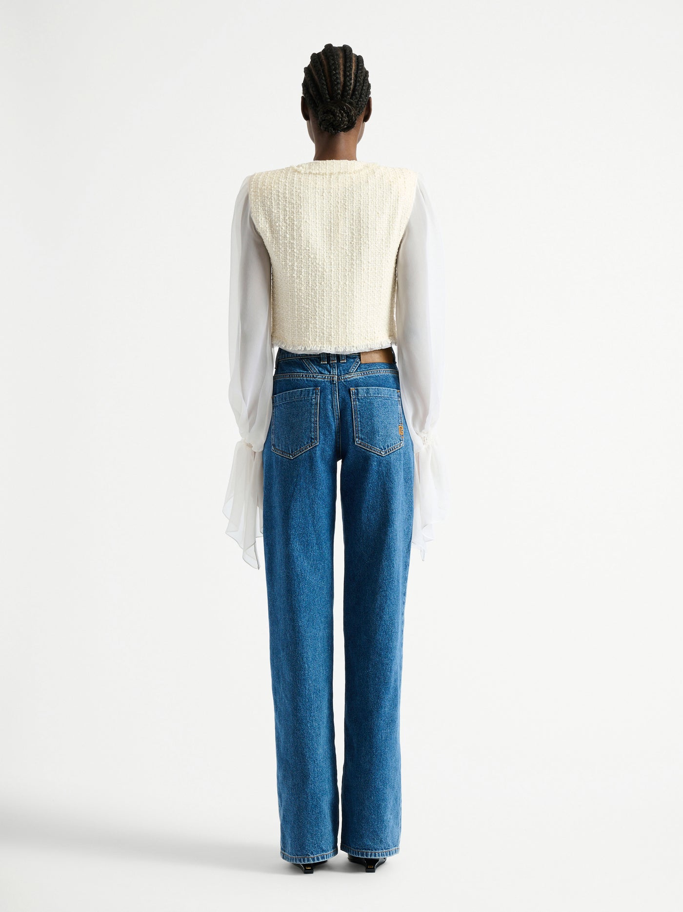 Cropped tweed and muslin jacket with frogging