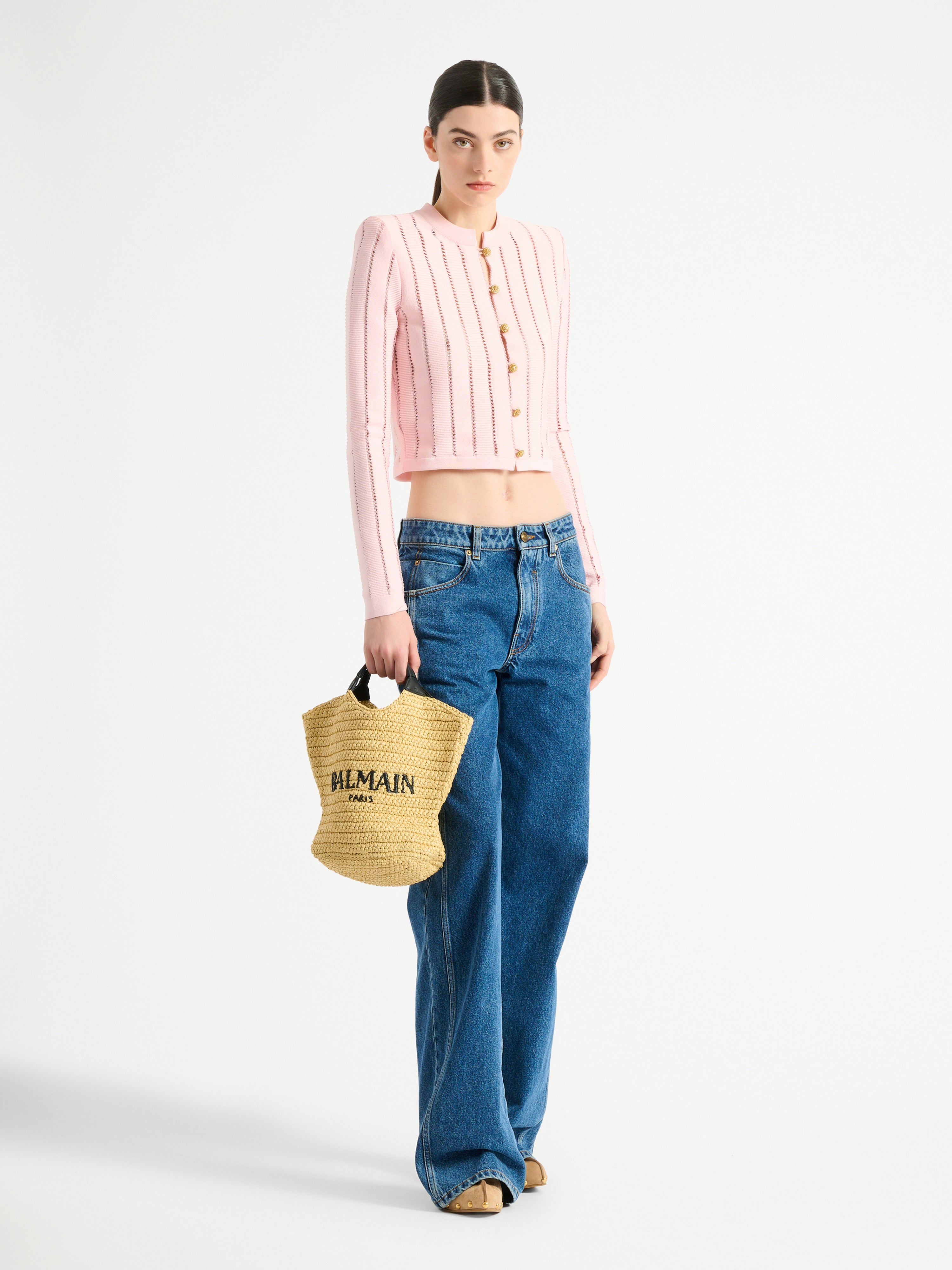 Cropped Fléchage knit cardigan pink - Women | BALMAIN
