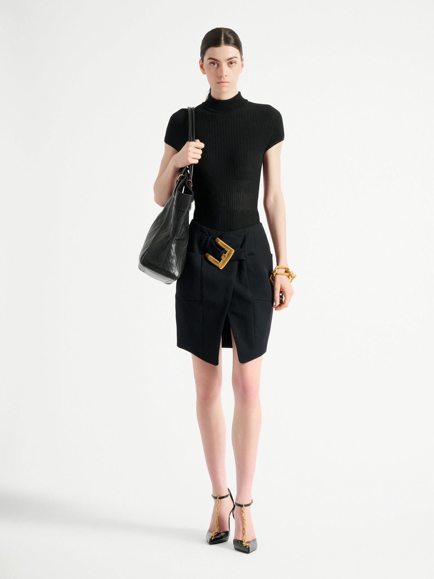Belted grain de poudre skirt
