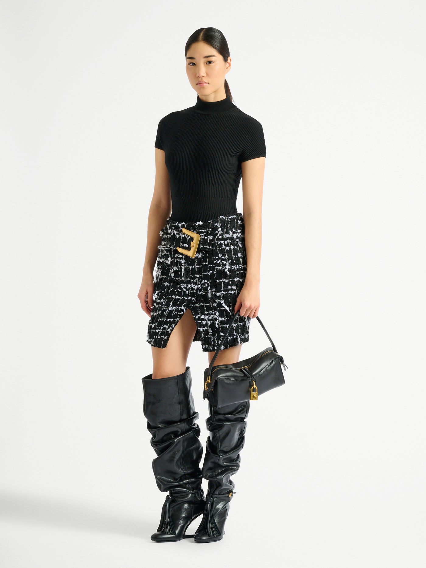 Belted fringed tweed skirt